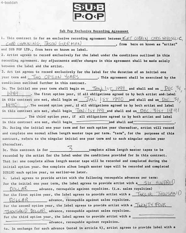subpop : Nirvana’s original contract with Sub Pop.